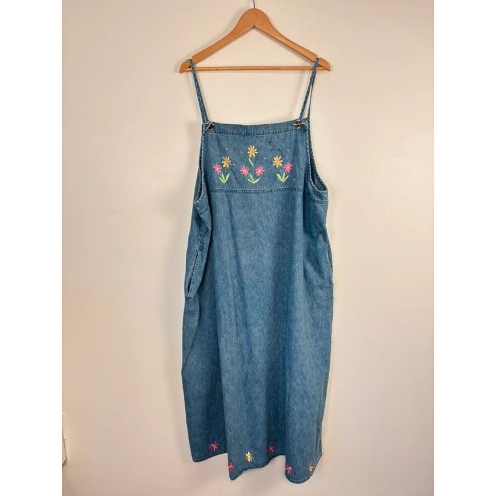 VTG 90s Quacker Factory Denim Dress Kitsch Womens 24W Embroidered Floral Bee